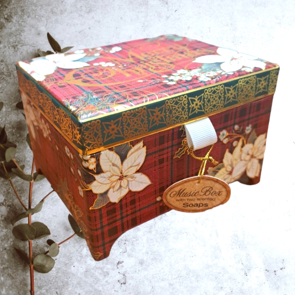 Merry Christmas Music Box w/ Two Cranberry Scented Soaps Lid 5x3x4" Holiday Gift